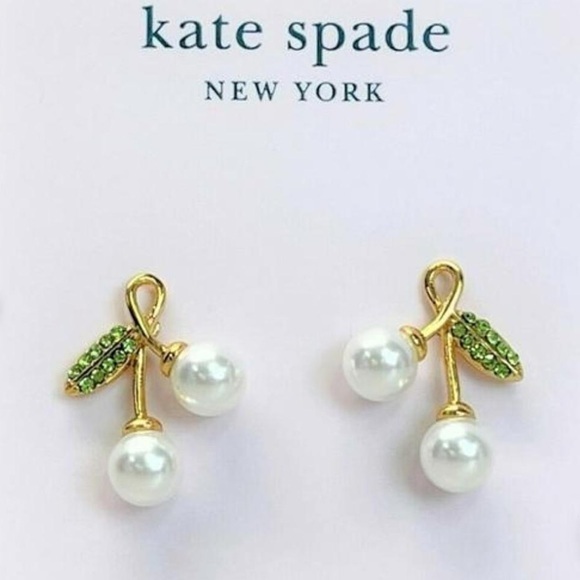 kate spade Jewelry - Kate Spade New York Gold cherry Pearl green gem leaf Drop stud Earrings